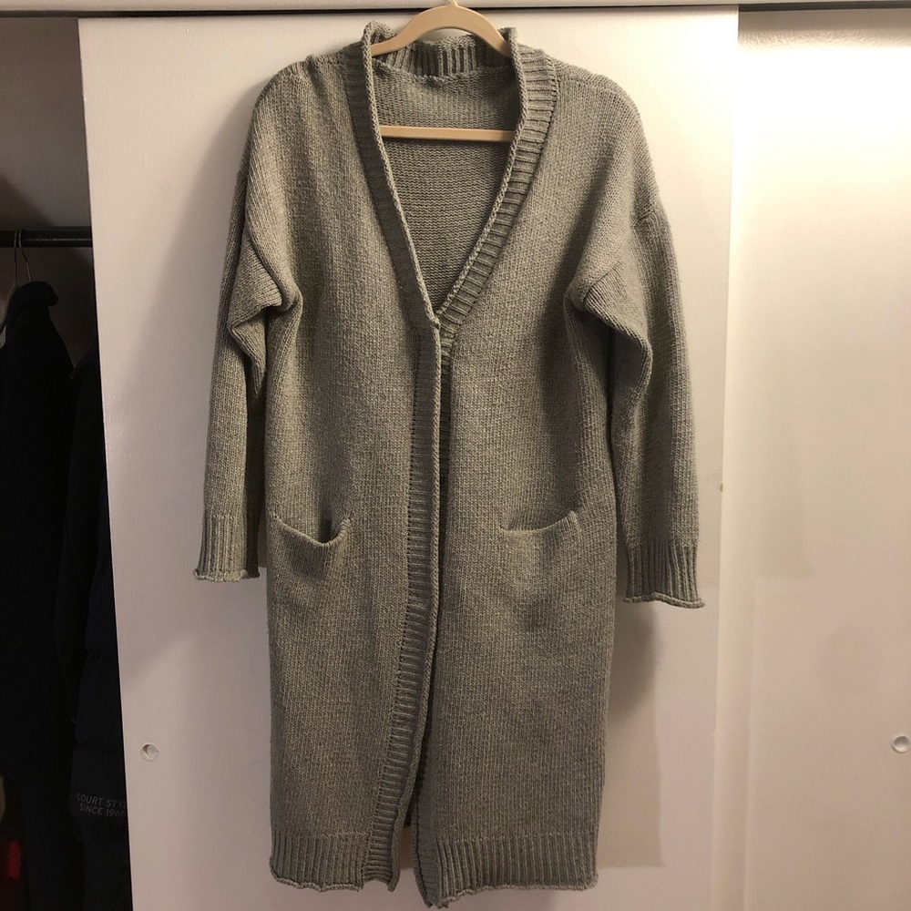 Grey knit long Cardigan Sweater Snap Button Up